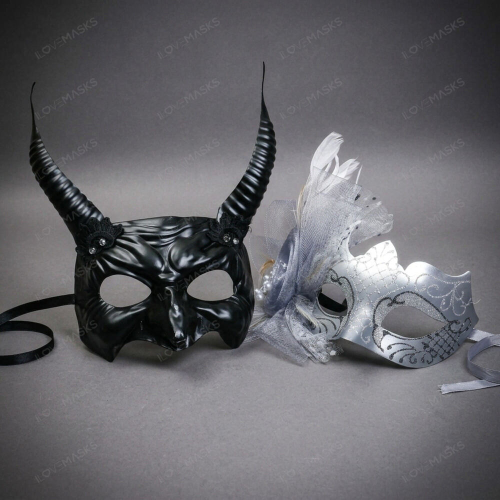 Black Devil Horn Demon Mask & Silver Tulle Glitter Masquerade Couple Mask Set